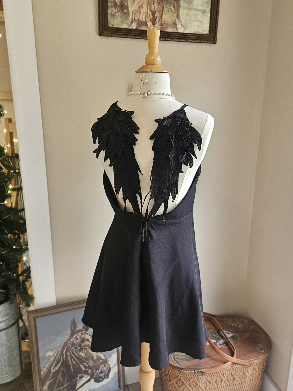 Women's Black Dress with Feather Wings Appliqué